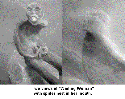 Two views of Wailing Woman with spider nest in her mouth